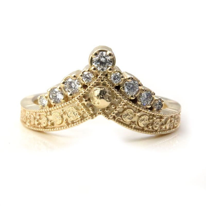 Diamond Luna Diadem Chevron Wedding Band with Moon Phases and Full Moon and Stardust - Stacking Celestial Unique Gold Ring