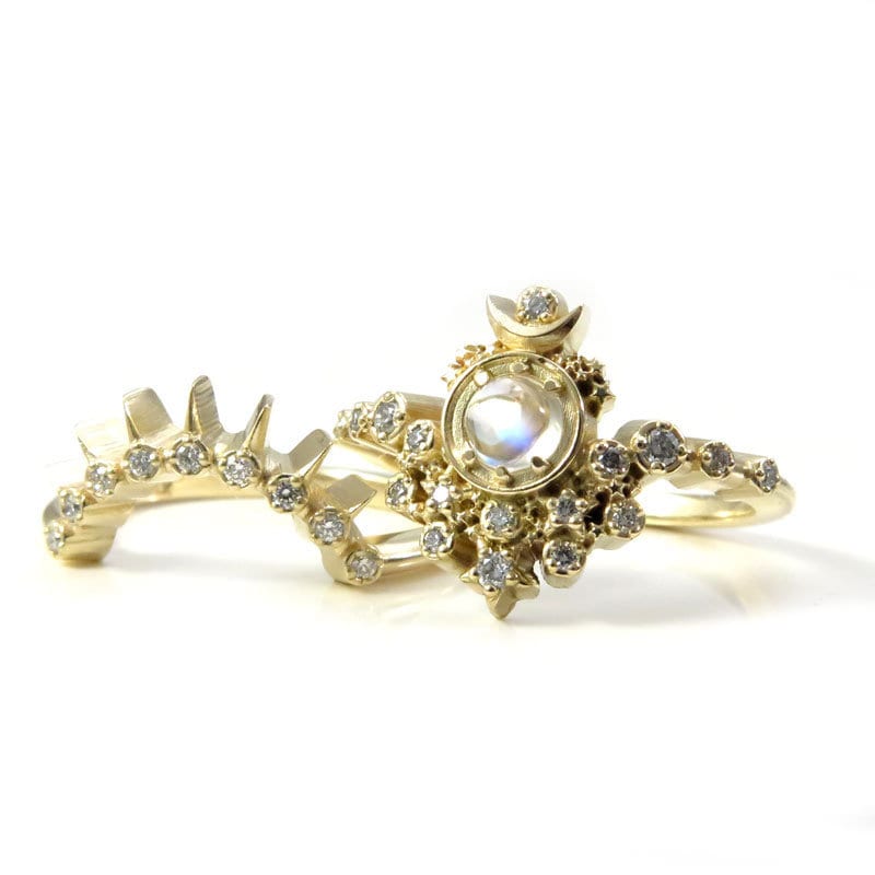 Gold Moon Witch Engagement Ring Set - Rainbow Moonstone and Diamonds w