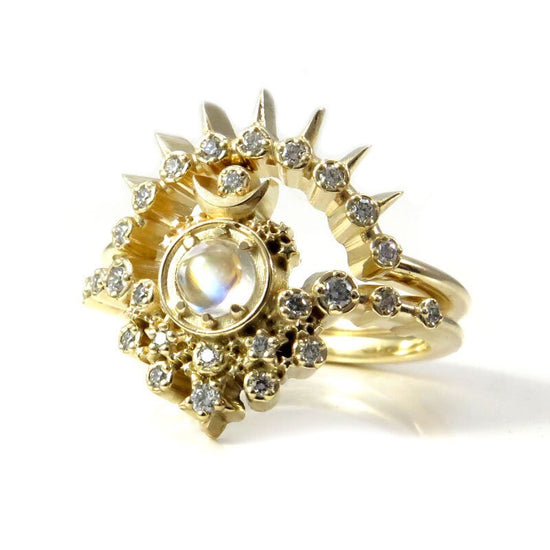Gold Moon Witch Engagement Ring Set - Rainbow Moonstone and Diamonds w