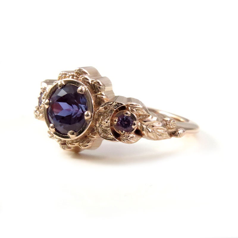 Chatham Alexandrite Leaf and Crescent Moon Ring - 14k Rose, Yellow or White Gold - Nature Antique Inspired Engagement Rings