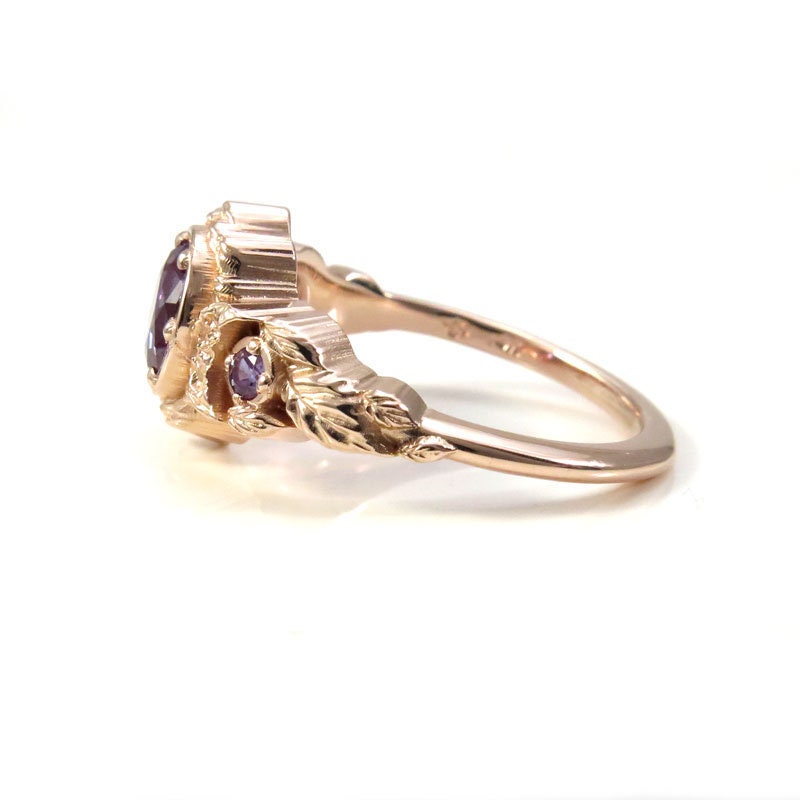 Chatham Alexandrite Leaf and Crescent Moon Ring - 14k Rose, Yellow or White Gold - Nature Antique Inspired Engagement Rings