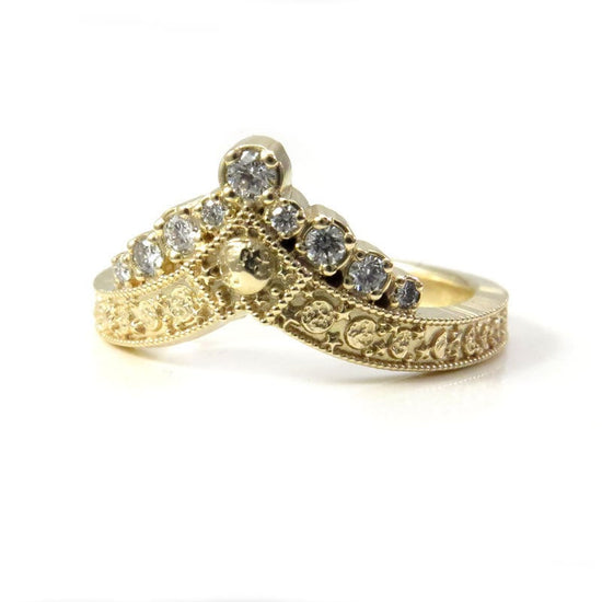 Diamond Luna Diadem Chevron Wedding Band with Moon Phases and Full Moon and Stardust - Stacking Celestial Unique Gold Ring