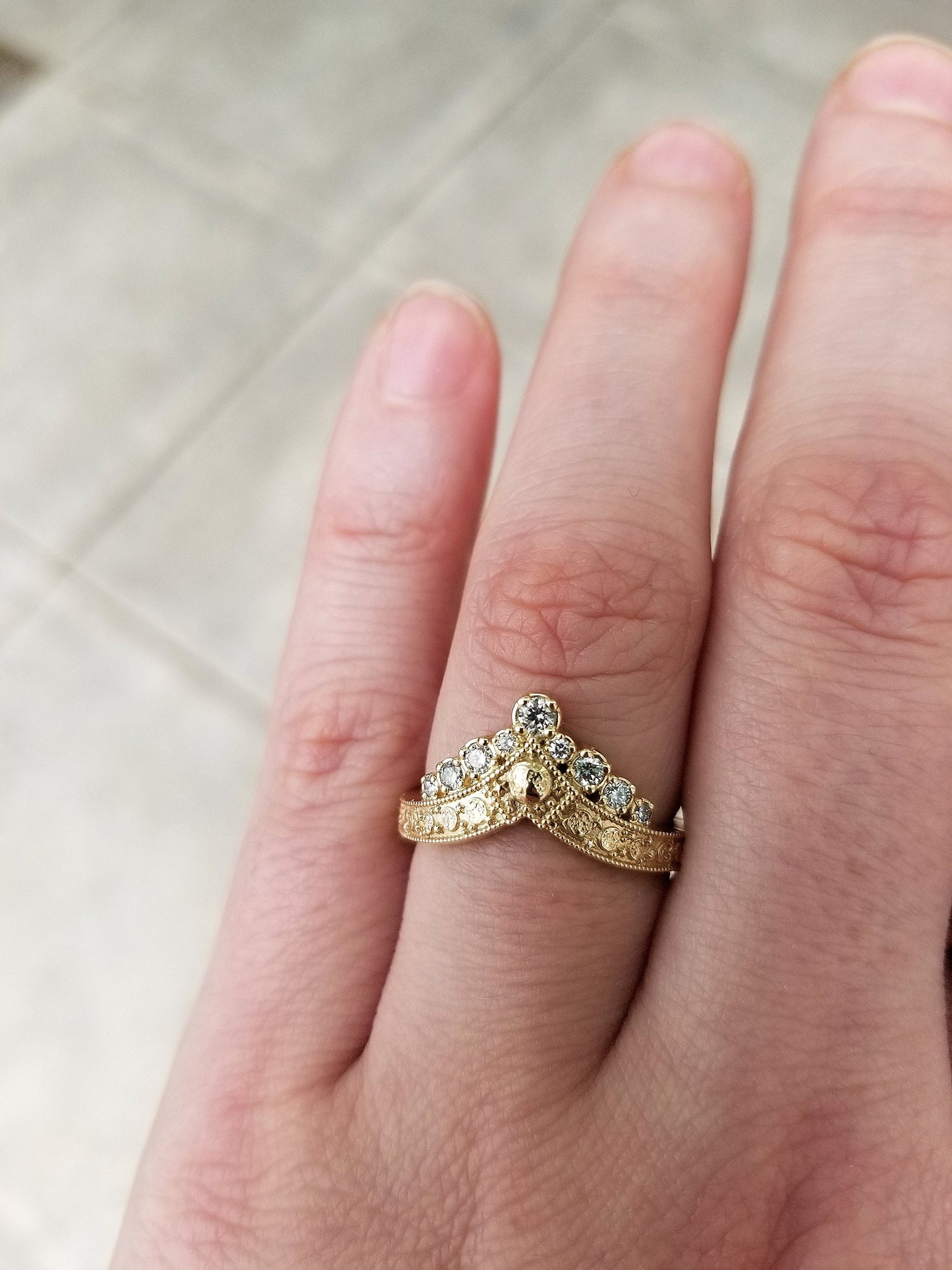 Diamond Luna Diadem Chevron Wedding Band with Moon Phases and Full Moon and Stardust - Stacking Celestial Unique Gold Ring