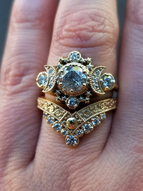Diamond Luna Diadem Chevron Wedding Band with Moon Phases and Full Moon and Stardust - Stacking Celestial Unique Gold Ring