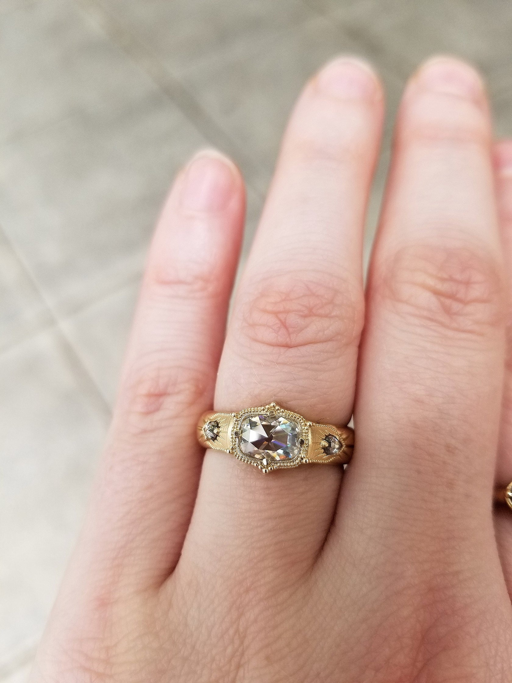 Antique Cushion Moissanite Wide Band Victorian Style Ring with Salt & Swank Metalsmithing