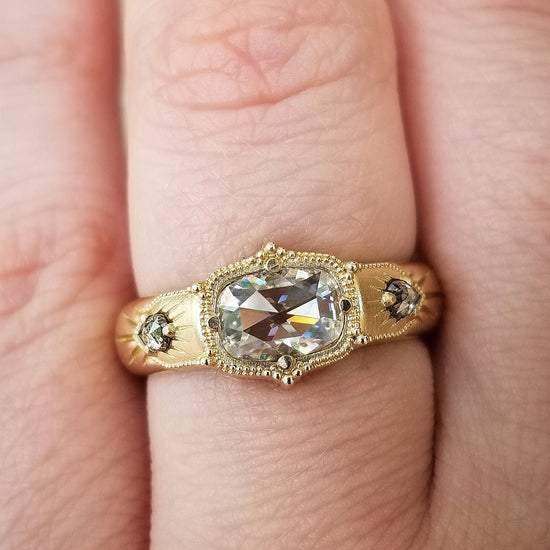 Antique Cushion Moissanite Wide Band Victorian Style Ring with Salt & Pepper Pear Diamonds - Rose Cut Vintage Inspired Engagement Ring