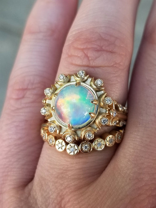 Opal Crystal Ball Engagement Ring Set - Victorian Inspired Giant Opal Ring with Diamonds & Moons - 14k Yellow Gold Sun Disk Wedding Band