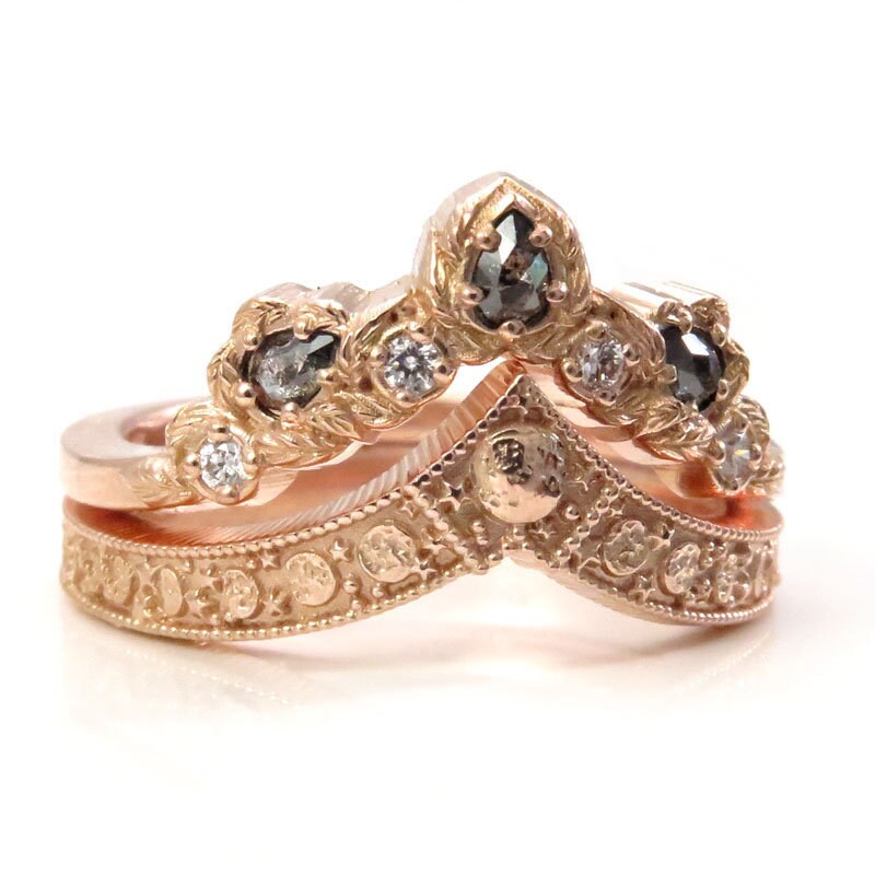Leafy Pear Diamond and Luna Diadem Chevron Gold Wedding Ring Set - Rose Cut Salt & Pepper Diamonds and White Diamonds - Boho Stacking Rings