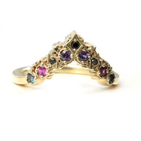 Load image into Gallery viewer, Deep Space Stardust Chevron with Chatham Alexandrite, Pink Sapphires, London Blue Toapz and Black or White Diamonds Nebula Wedding Band
