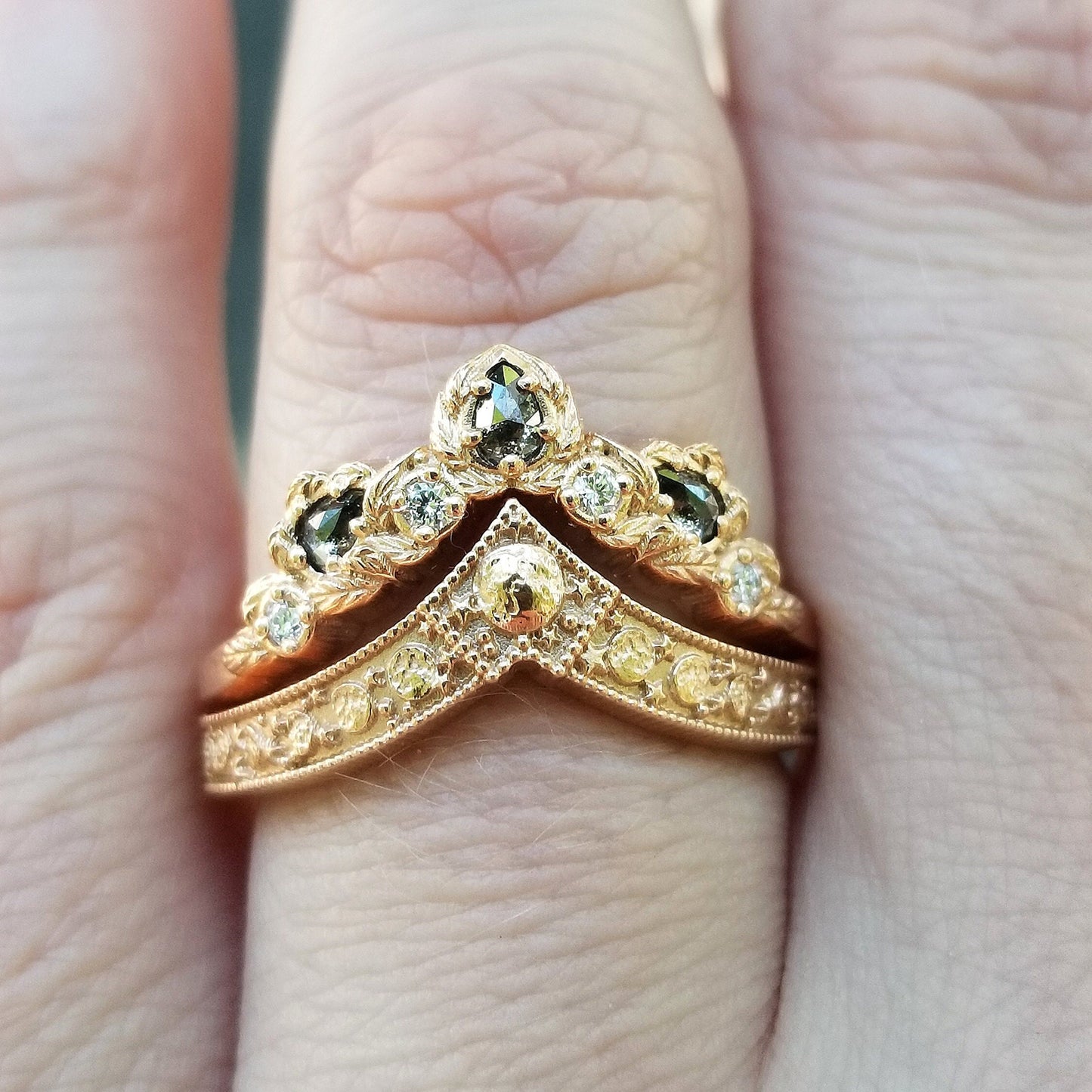 Load image into Gallery viewer, Leafy Pear Diamond and Luna Diadem Chevron Gold Wedding Ring Set - Rose Cut Salt &amp;amp; Pepper Diamonds and White Diamonds - Boho Stacking Rings
