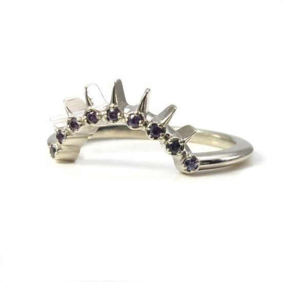 Load image into Gallery viewer, Chatham Alexandrite Sunray Wedding Band - 14k Palladium White Gold Celestial Modern Curved Ring

