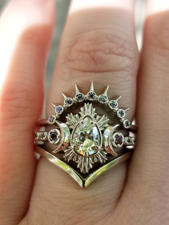 Pear Moissanite Moon Fire Engagement Ring - Diamonds and White Gold with Alexandrites Unique Celestial Wedding 3 Ring Set with Sunray Ring