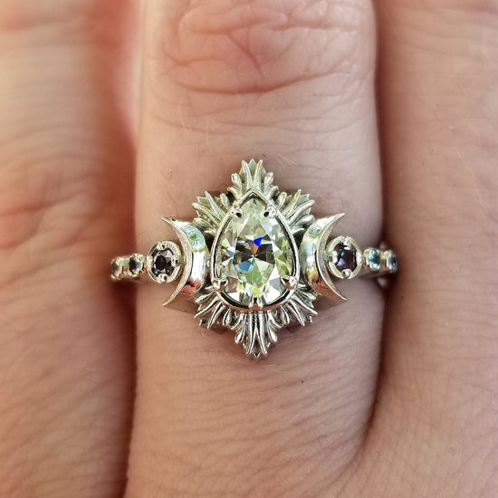 Pear Moissanite Moon Fire Boho Engagement Ring - Diamonds and Gold with Alexandrites Unique Celestial Wedding Ring