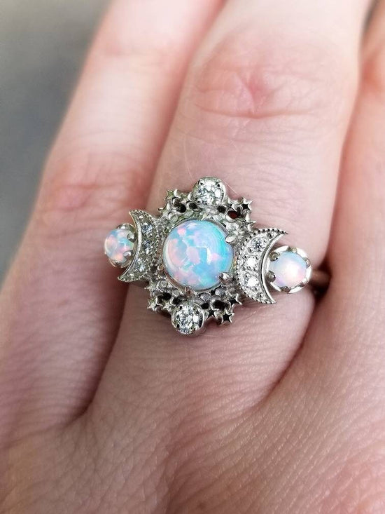 Load image into Gallery viewer, Chatham Opal Cosmos Moon Witchy Engagement Ring - Palladium White Gold Celestial 3 Stone Diamond Stardust Ring -Unique Fine Jewelry
