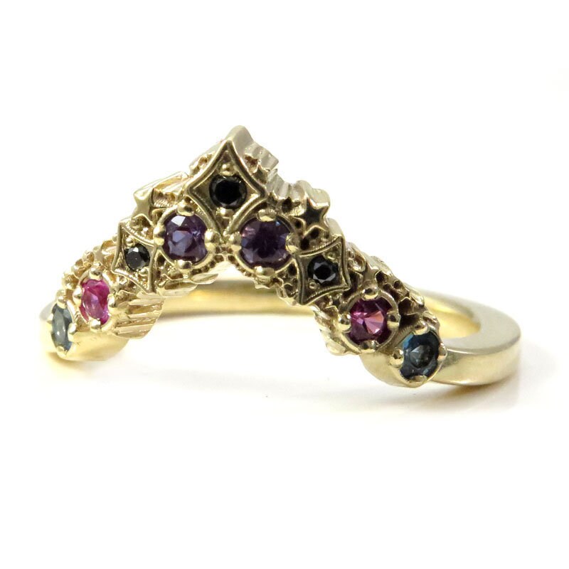 Deep Space Stardust Chevron with Chatham Alexandrite, Pink Sapphires, London Blue Toapz and Black or White Diamonds Nebula Wedding Band