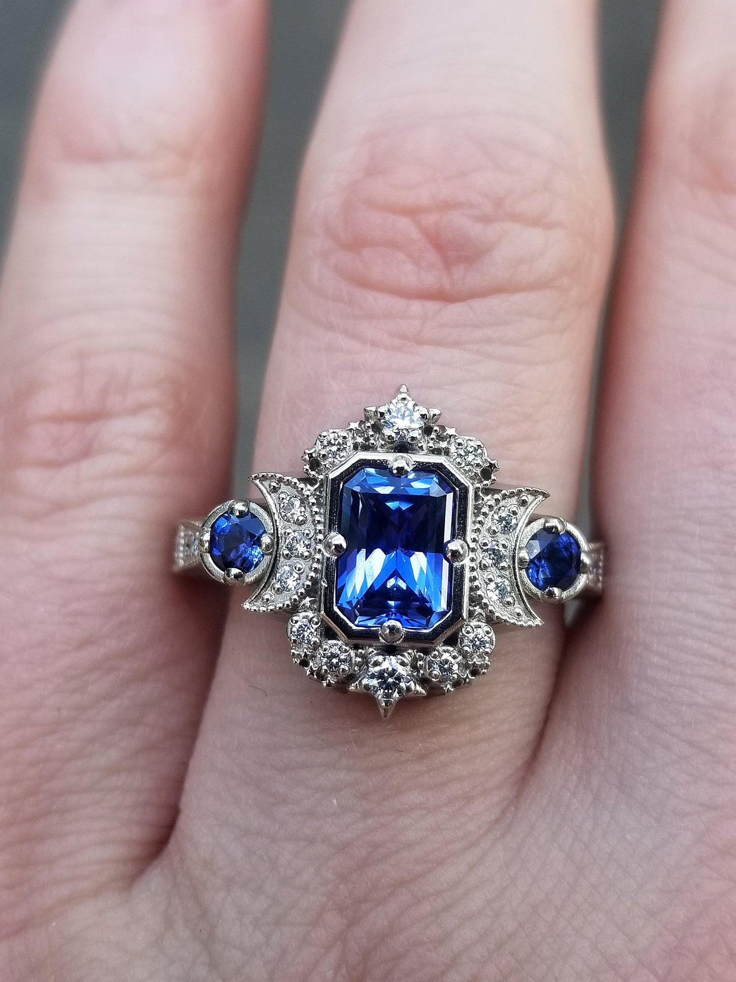 Radiant Blue Sapphire Selene Crescent Moon Engagement Ring - Diamonds and Blue Chatham Sapphires - 14k Palladium White Gold