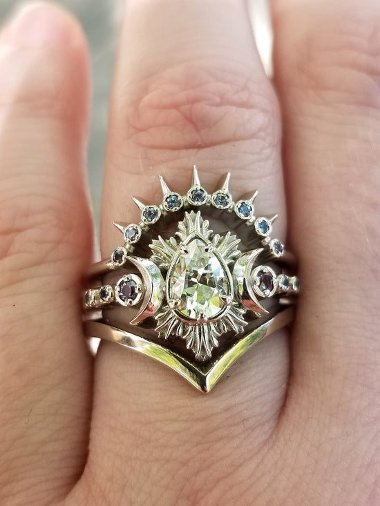 Pear Moissanite Moon Fire Engagement Ring - Diamonds and White Gold with Alexandrites Unique Celestial Wedding 3 Ring Set with Sunray Ring