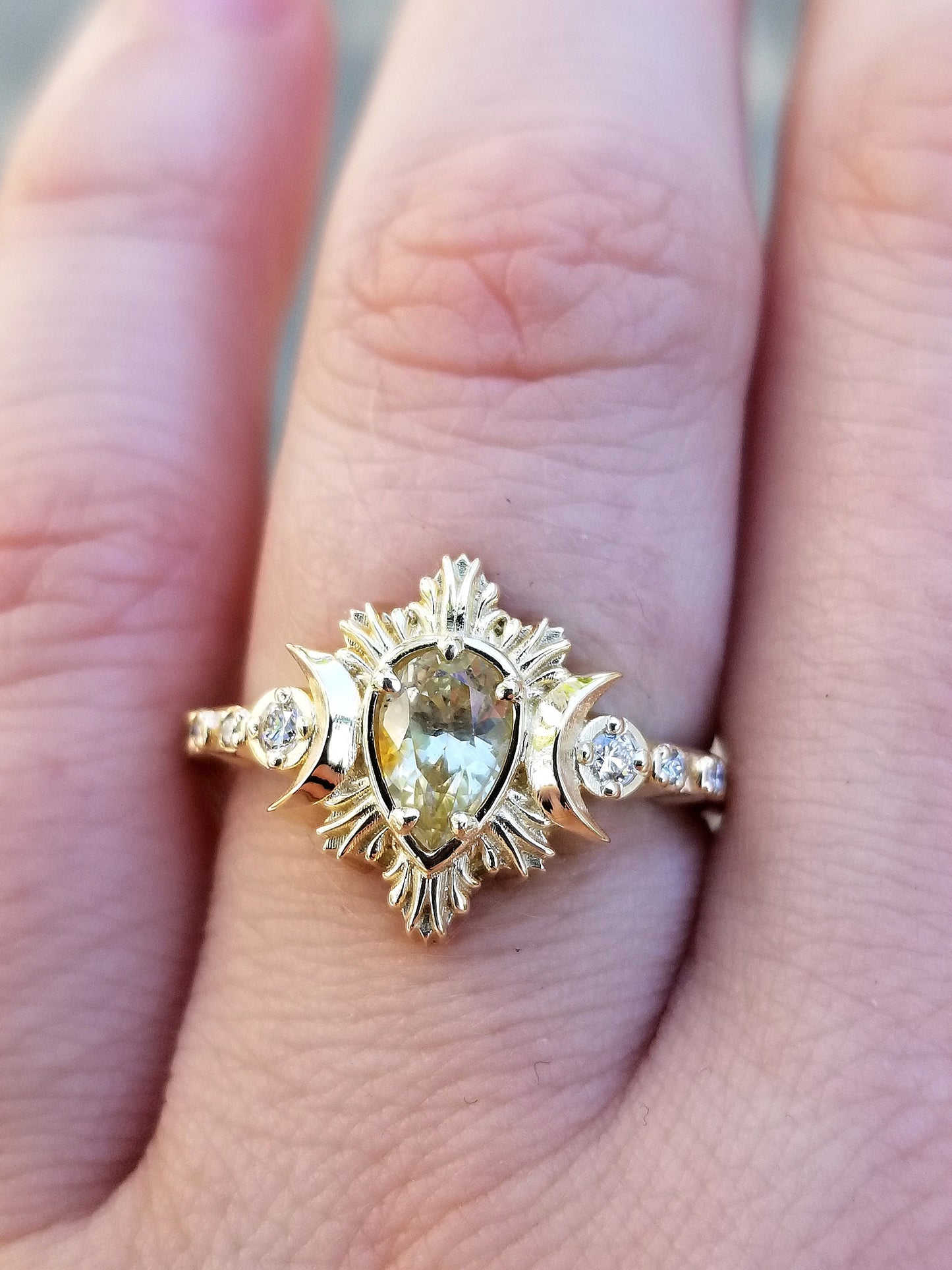 Ready to Ship Size 6 - 8 - Light Yellow Pear Montana Sapphire Moon Fire Engagement Ring Set - Triple Moon Ring - 14k Yellow Gold
