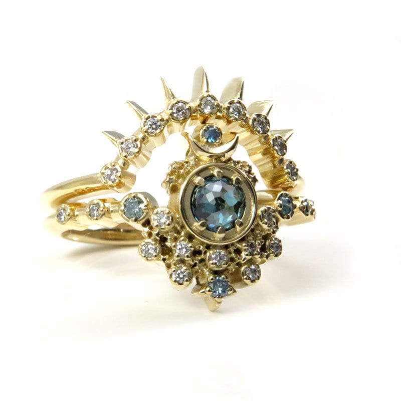 Rose Cut Blue Diamond Moon Witch Engagement Ring Set with Sunray - 14k Yellow Gold Celestial Gothic Unique Handmade Jewelry