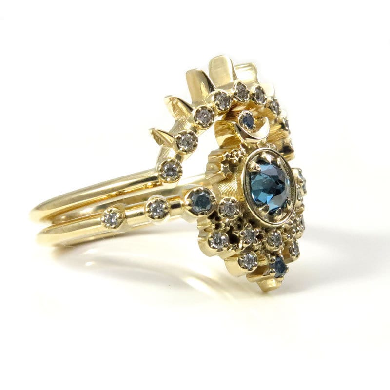 Rose Cut Blue Diamond Moon Witch Engagement Ring Set with Sunray - 14k