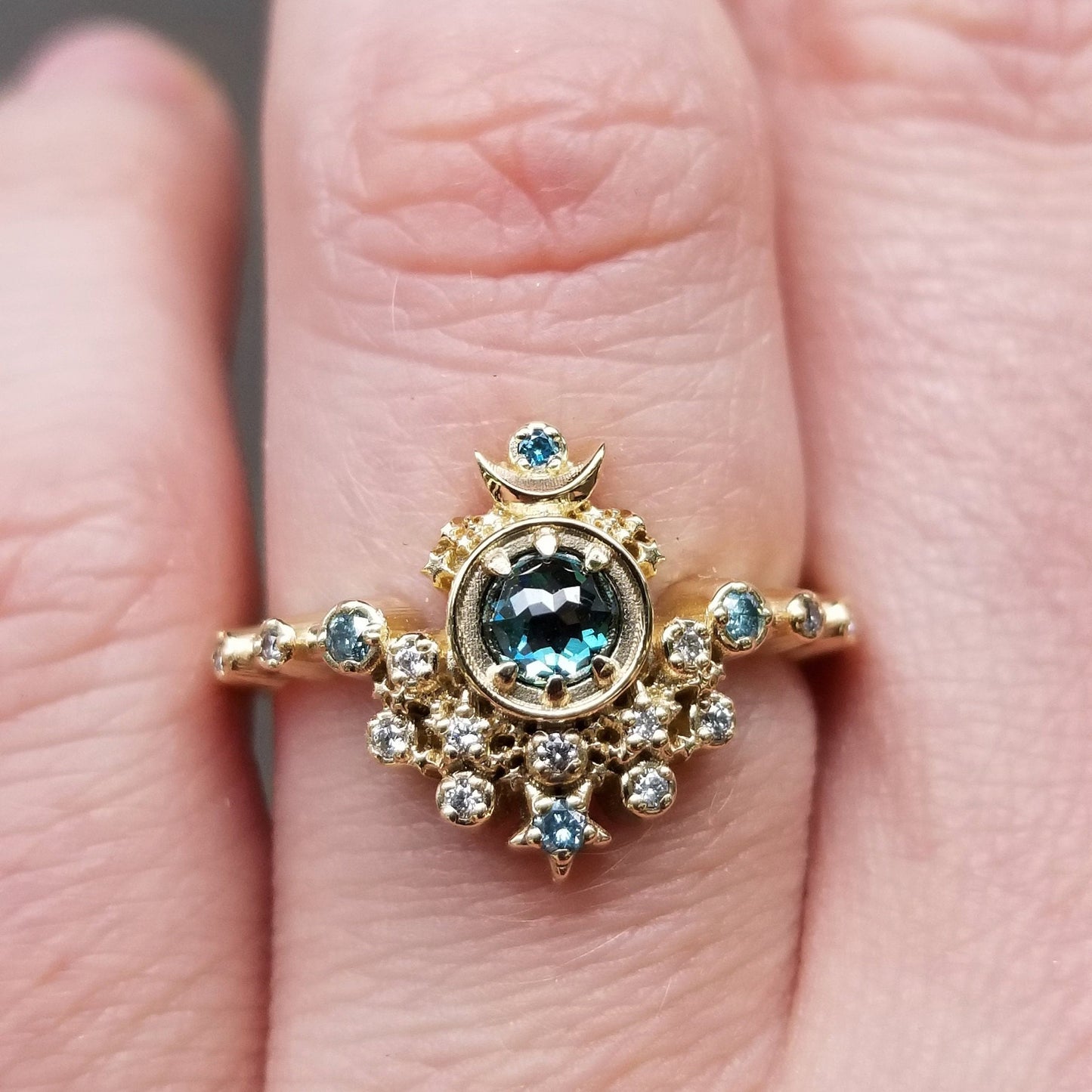 Rose Cut Blue Diamond Moon Witch Engagement Ring Set with Sunray - 14k Yellow Gold Celestial Gothic Unique Handmade Jewelry