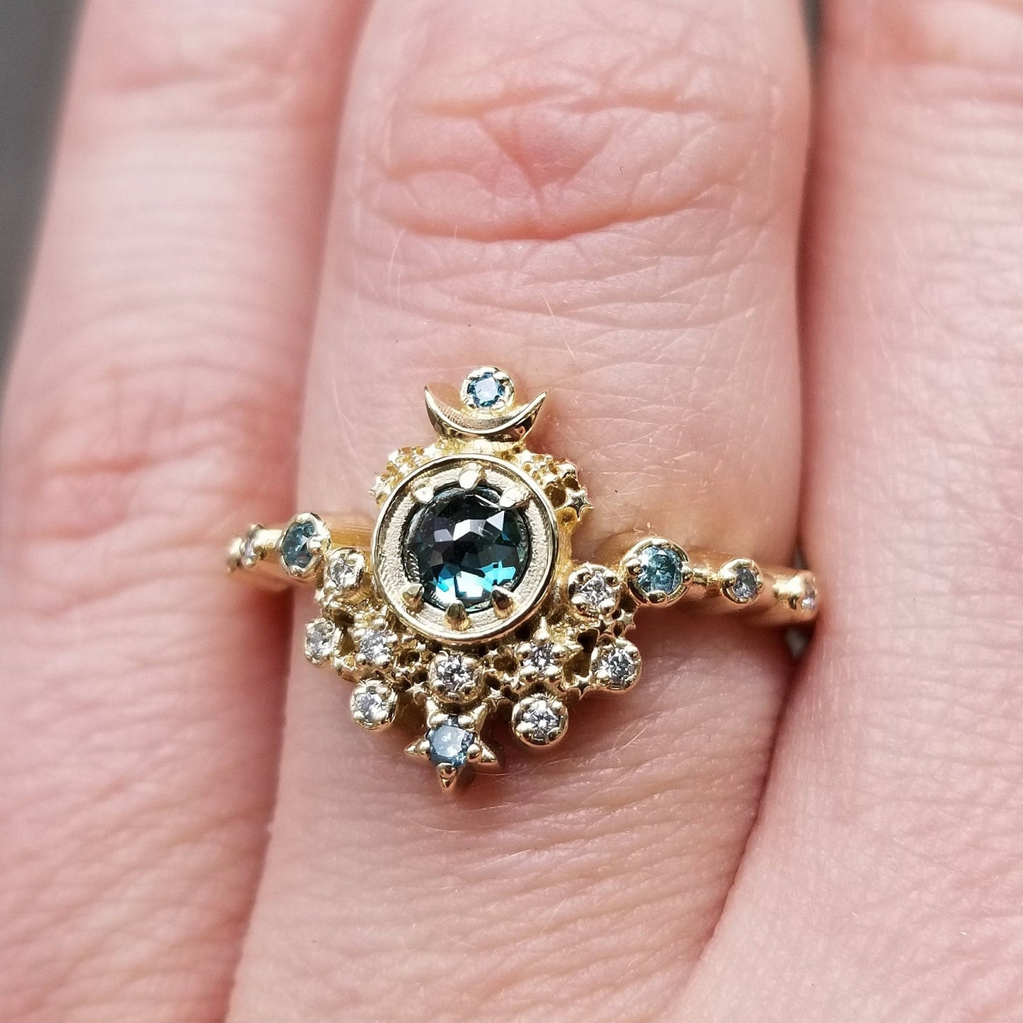 Rose Cut Blue Diamond Moon Witch Engagement Ring Set with Sunray - 14k