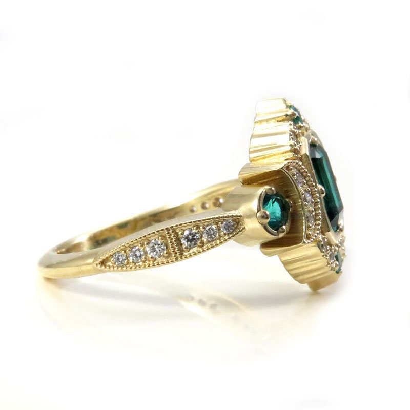 Chatham Emerald Selene Diamond Crescent Moon Engagement Ring - Emerald Cut Emerald - 14k Yellow Gold, 14k Rose Gold or 14k White Gold