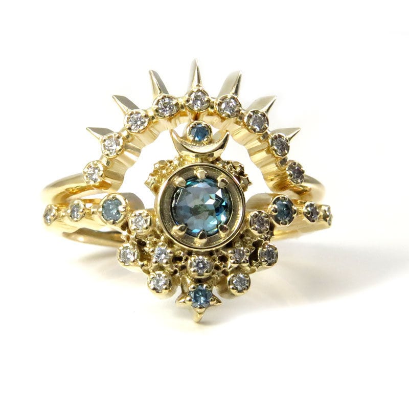 Rose Cut Blue Diamond Moon Witch Engagement Ring Set with Sunray - 14k
