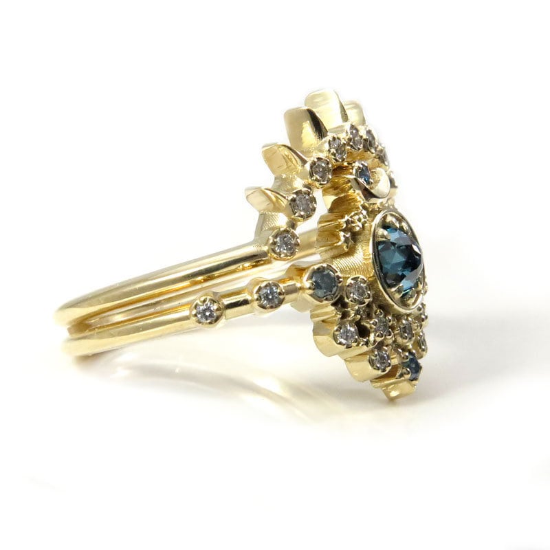 Ready to Ship Size 6 - 8 - Rose Cut Blue Diamond Moon Witch Engagement Ring Set with Sunray - 14k Yellow Gold Gothic Unique Handmade Jewelry
