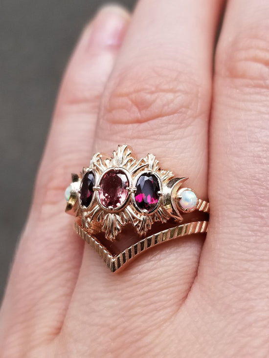 Ready to Ship Size 6 - 8 - Champagne + Rhodolite Oval Garnet Moonfire Engagement Ring Set - Lab Opals & Chevron Wedding Band - 14k Rose Gold