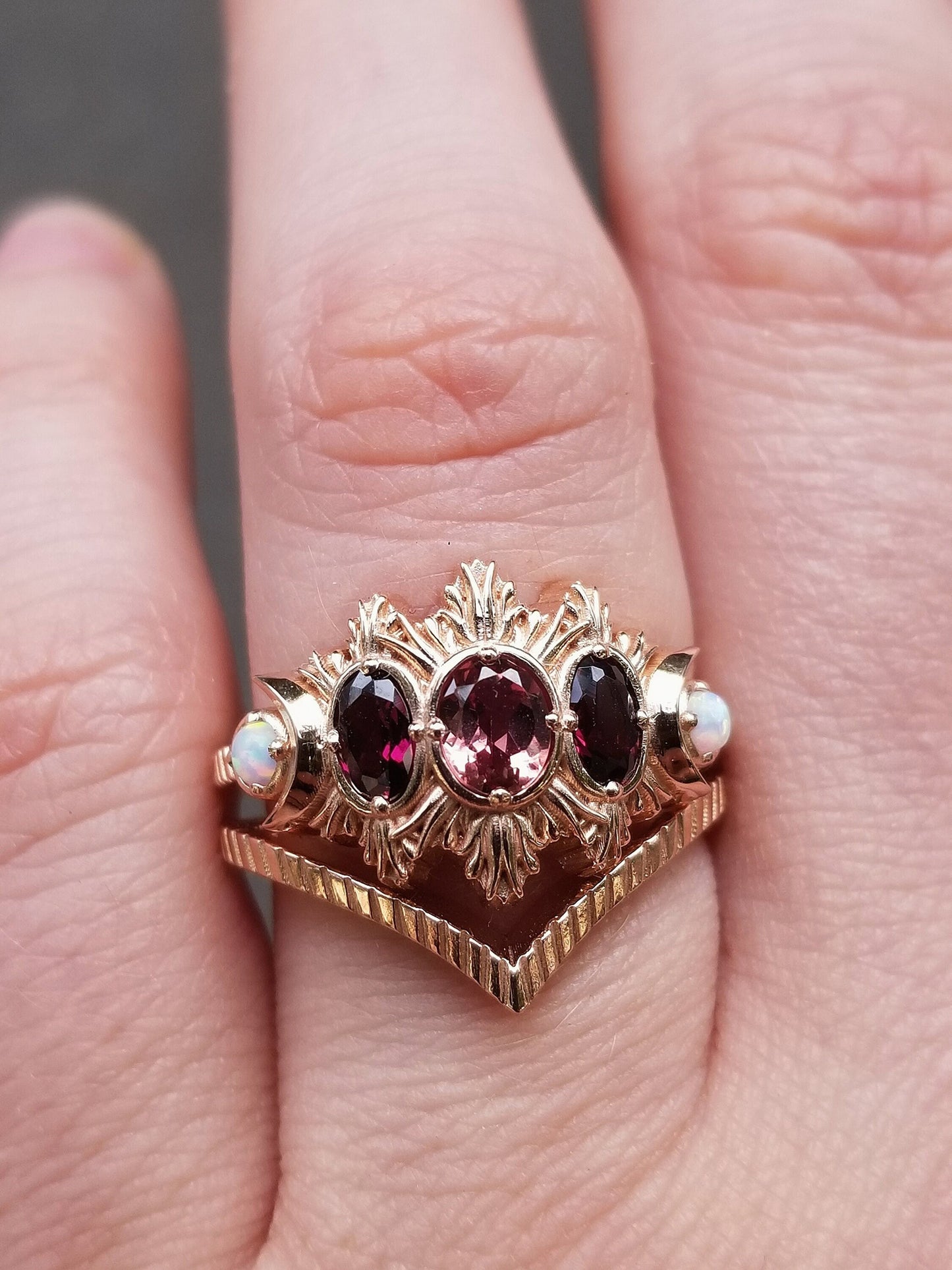 Ready to Ship Size 6 - 8 - Champagne + Rhodolite Oval Garnet Moonfire Engagement Ring Set - Lab Opals & Chevron Wedding Band - 14k Rose Gold