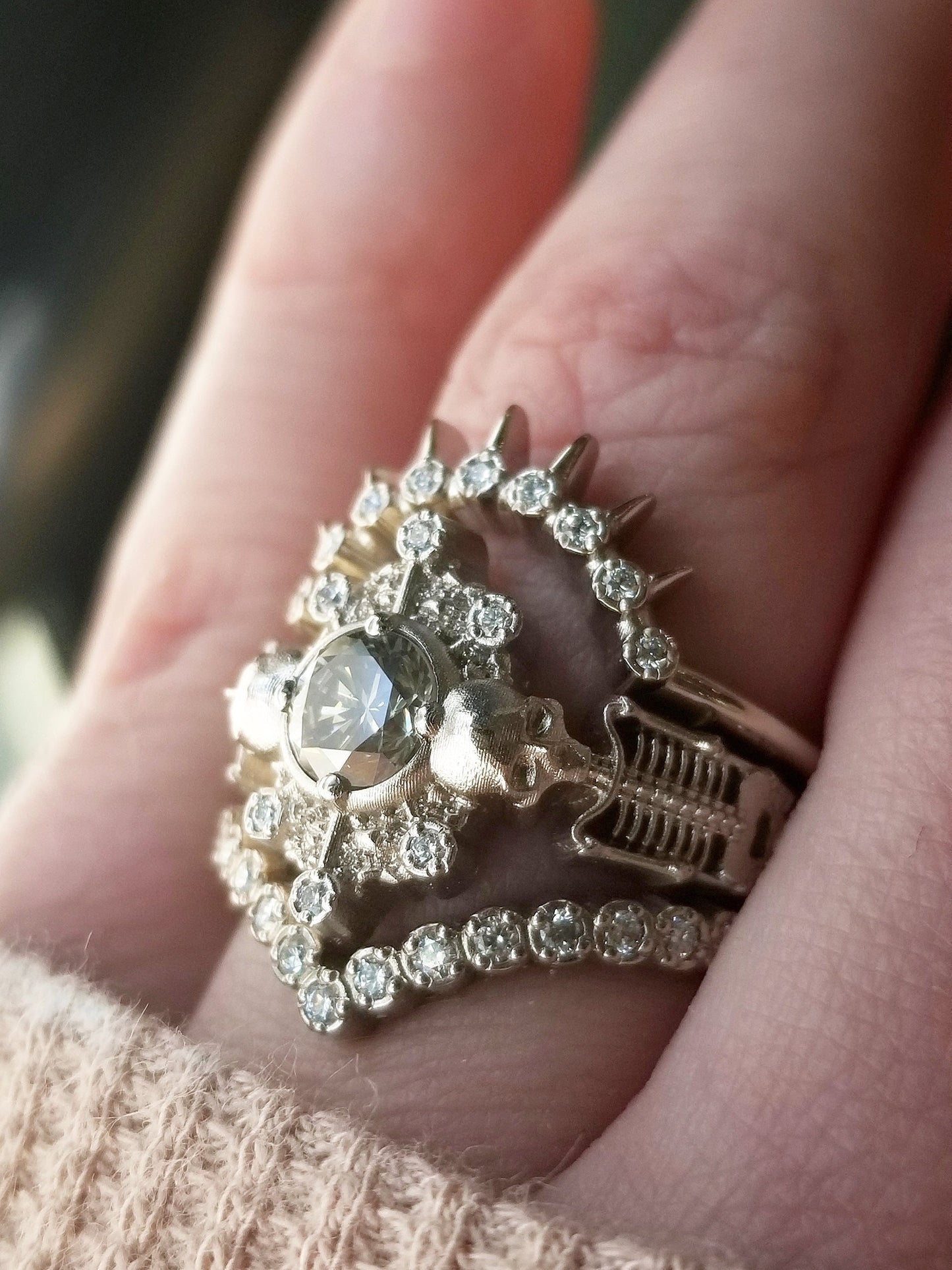 Skeleton Catacomb Engagement Ring Set with Moissanite & Diamond  Pebble Halo - 14k Palladium White Gold - Gothic Wedding Rings