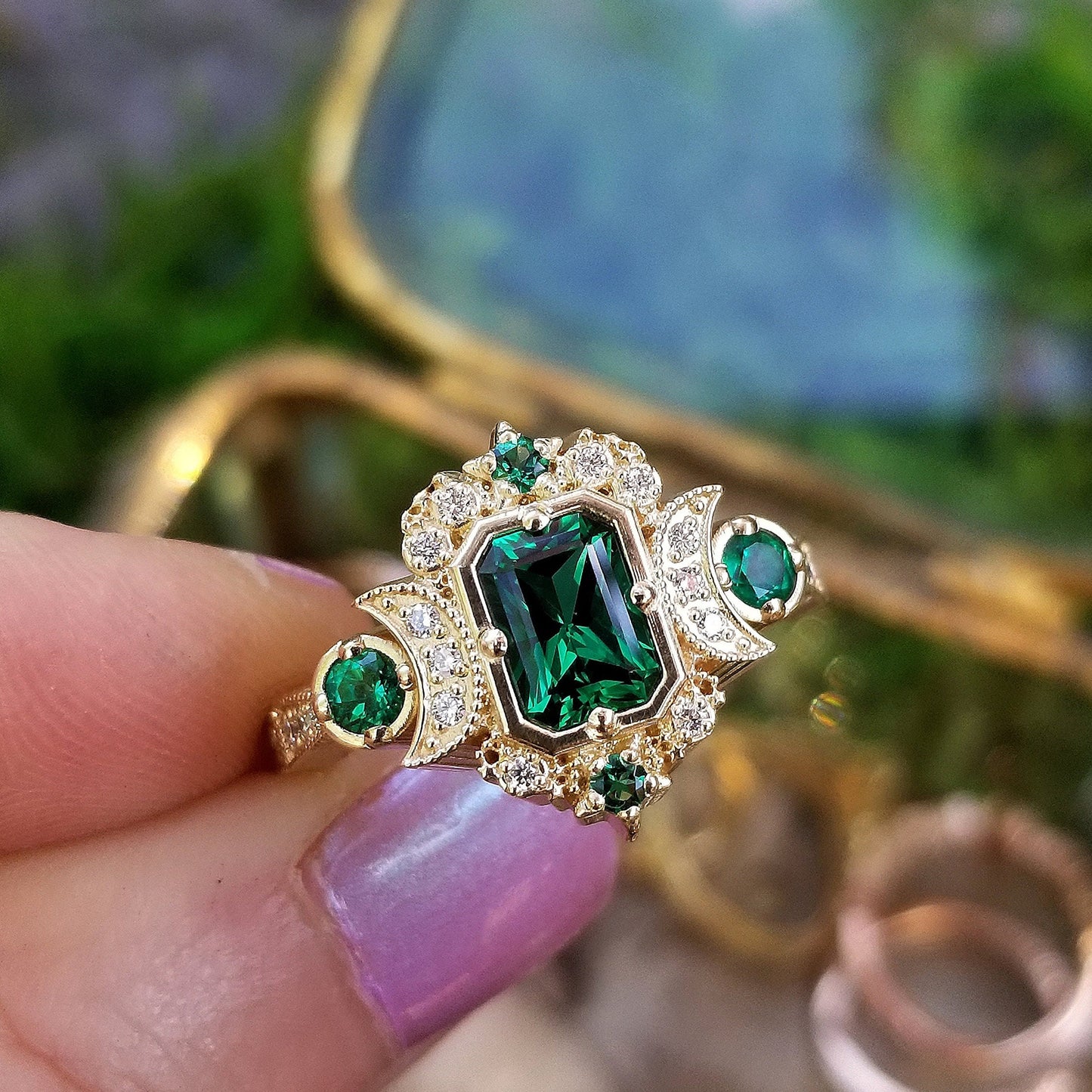 Ready to Ship Size 8 - 9.5 - Chatham Emerald Selene Diamond Crescent Moon Engagement Ring - Emerald Cut Emerald - 14k Yellow Gold
