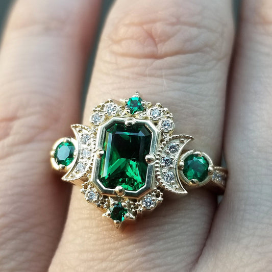 Ready to Ship Size 8 - 9.5 - Chatham Emerald Selene Diamond Crescent Moon Engagement Ring - Emerald Cut Emerald - 14k Yellow Gold