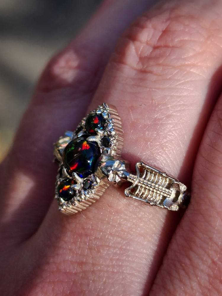 Ready to Ship Size 9 - 11 - Black Opal Gothic Skeleton Engagement Ring with Black Diamonds - 14k Palladium White Gold - Unique Wedding