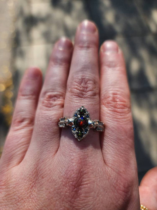 Load image into Gallery viewer, Ready to Ship Size 9 - 11 - Black Opal Gothic Skeleton Engagement Ring with Black Diamonds - 14k Palladium White Gold - Unique Wedding
