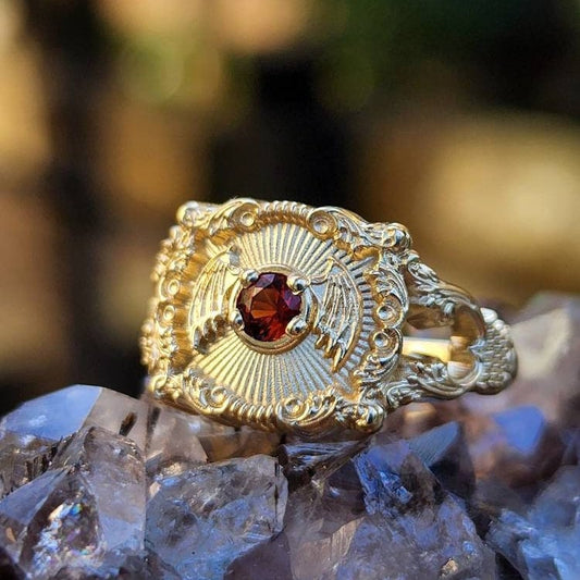 Baturday - Bat Signet Ring with Arizona Sunset Garnet -  Victorian Inspired Baroque Antique Styled Bat Wing Ring - 14k Yellow Gold