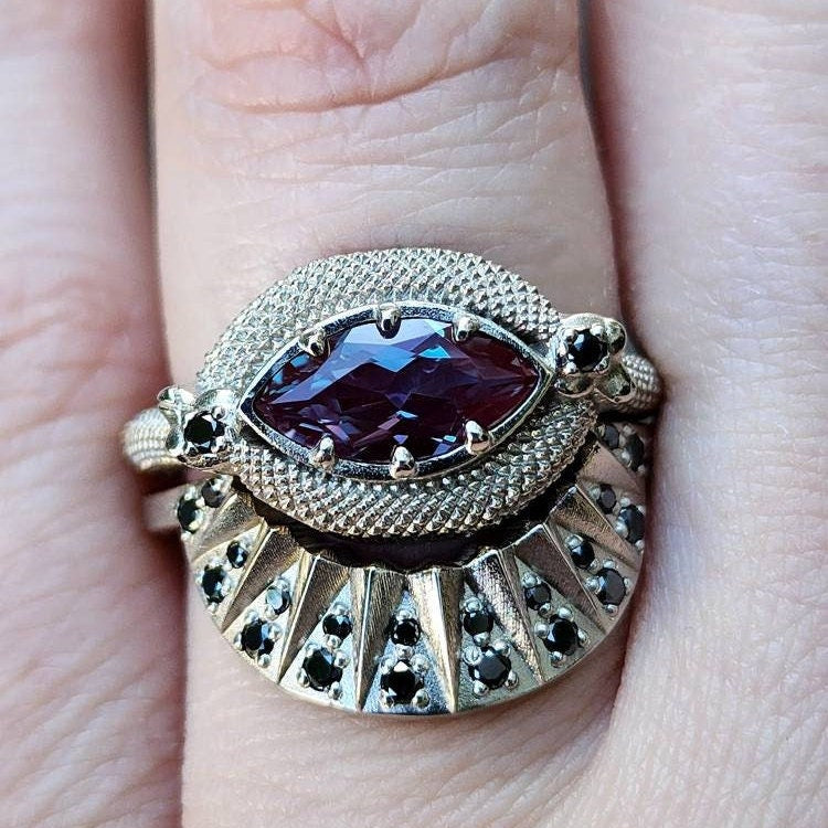Double Trouble Alexandrite Marquise Snake Ring Wedding Ring Set with Black Diamond Sunrise Wedding Band - Gothic Victorian Engagement Ring
