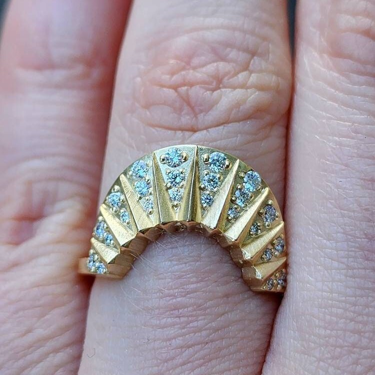 Sun With Diamond Rays Tall Sunrise Ring Wedding Band with Sun Rays and Diamonds - Modern Fin ...