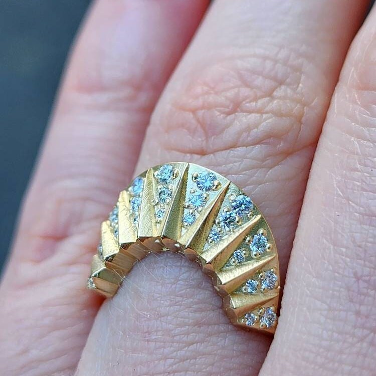 Sun With Diamond Rays Tall Sunrise Ring Wedding Band with Sun Rays and Diamonds - Modern Fin ...