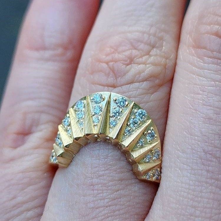 Tall Sunrise Ring Wedding Band with Sun Rays and Diamonds Modern Fine  Jewelry Black or White Diamonds Stacking Sun Ring Celestial