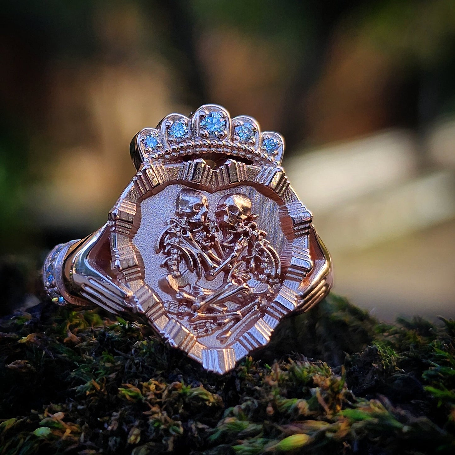 Game of Bones - Lovers of Valdaro Claddagh Fede Victorian Inspired Memento Mori Skeleton Ring with Diamond Crown and Cuffs - Drawlloween