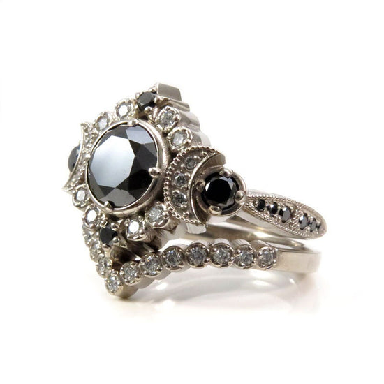 Ready to Ship Size 6.5 - 7.5 - Engagement Ring Set - Black & White Diamond Selene Gothic Moon Engagement Ring Set -14k Palladium White Gold