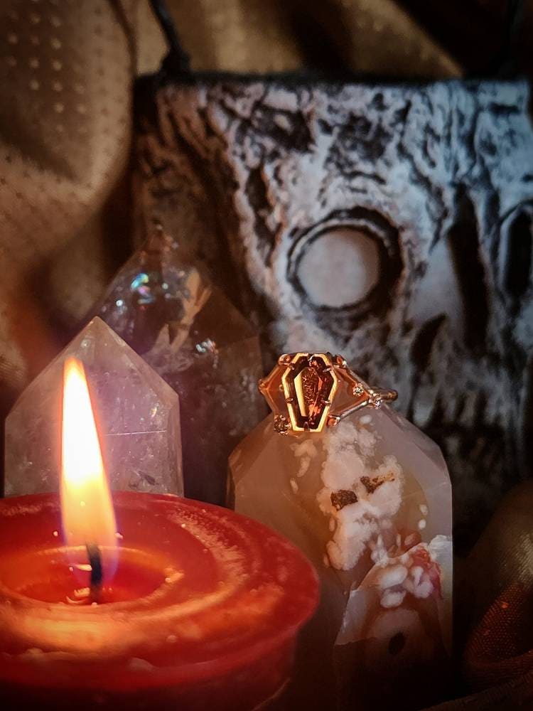 Smoky Quartz Coffin Skeleton Memento Mori Bone Ring with Champagne, Black or Galaxy Diamonds - Modern Gothic Victorian Mourning Jewelry