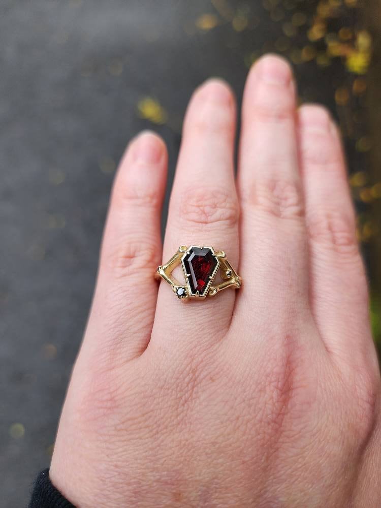 Red Garnet Coffin Skeleton Gothic Victorian Bone Ring with Diamonds - Unusual Spooky Catacomb Halloween Mourning Jewelry