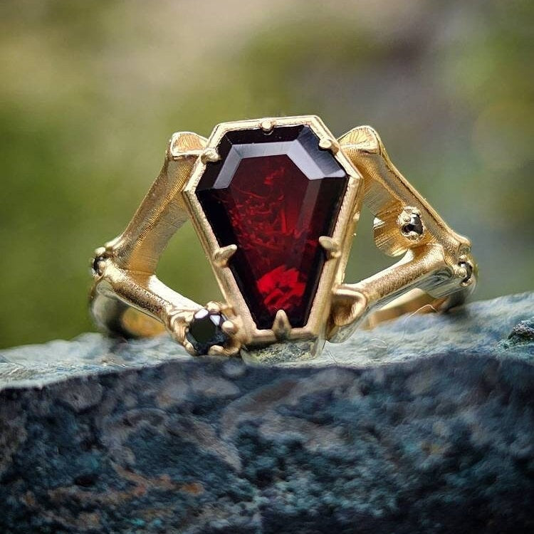 Red Garnet Coffin Skeleton Gothic Victorian Bone Ring with Diamonds - Unusual Spooky Catacomb Halloween Mourning Jewelry
