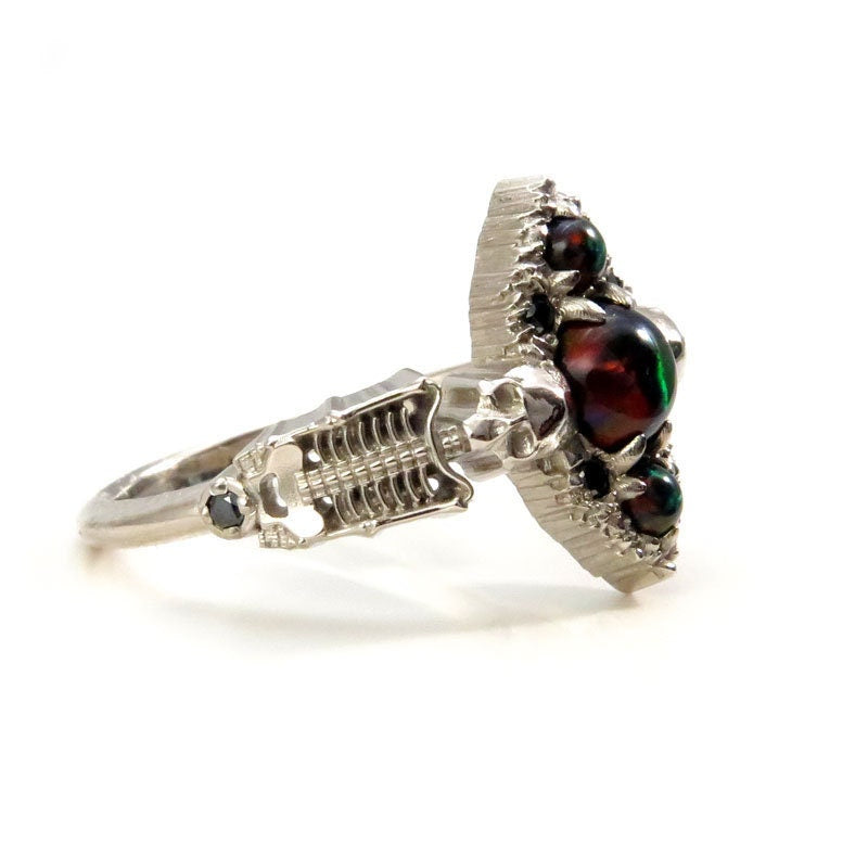 Black Opal Gothic Skeleton Engagement Ring with Black Diamonds - 14k Palladium White Gold - Unique Wedding Promise Ring Memento Mori Skull