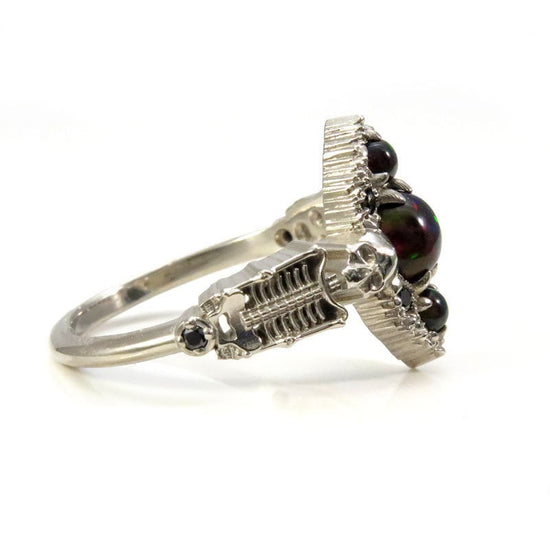 Load image into Gallery viewer, Ready to Ship Size 9 - 11 - Black Opal Gothic Skeleton Engagement Ring with Black Diamonds - 14k Palladium White Gold - Unique Wedding
