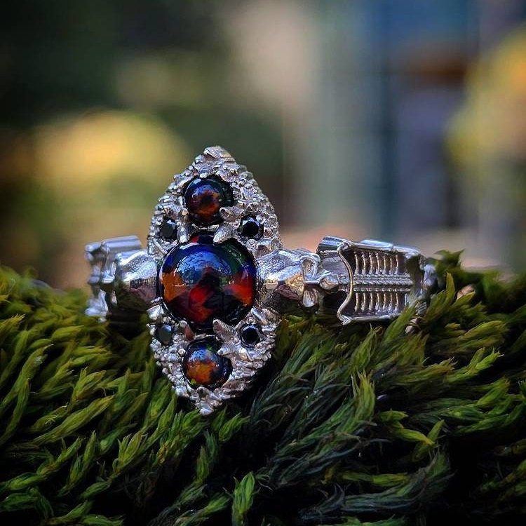 Black Opal Gothic Skeleton Engagement Ring with Black Diamonds - 14k Palladium White Gold - Unique Wedding Promise Ring Memento Mori Skull
