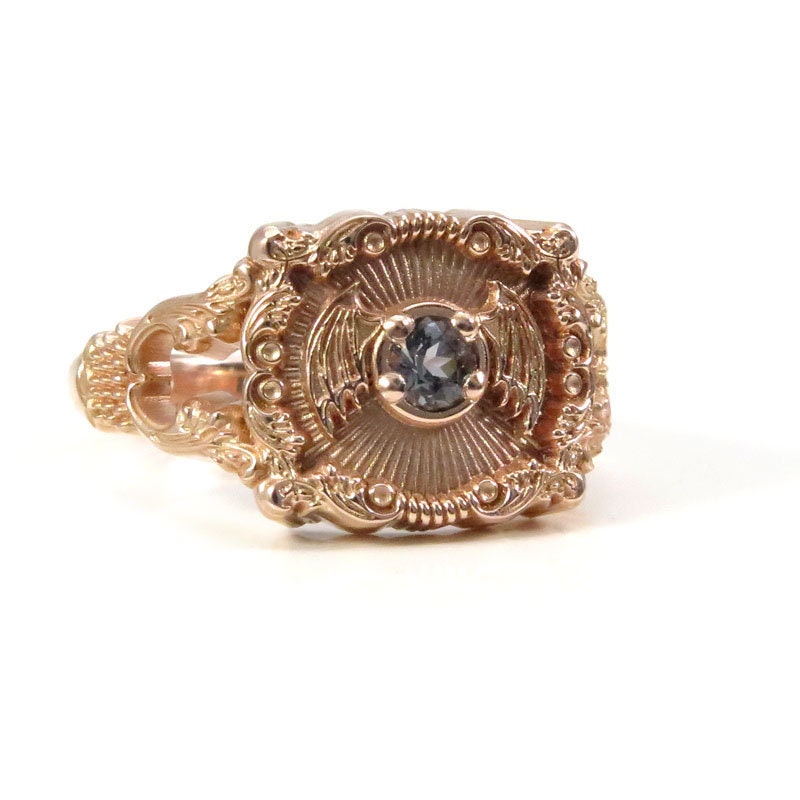 Baturday - Bat Signet Ring with Platinum Spinel -  Victorian Inspired Baroque Antique Styled Split Shank Ring - Drawlloween - 14k Rose Gold